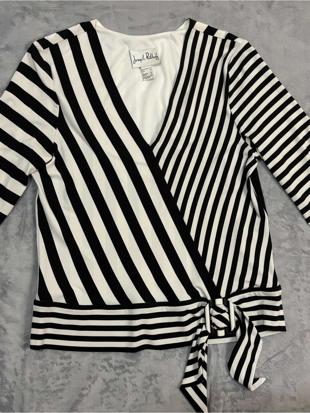 Joseph Ribkoff Silky Knit Black White Stripe Faux Wrap Tie Side Blouse Top 12